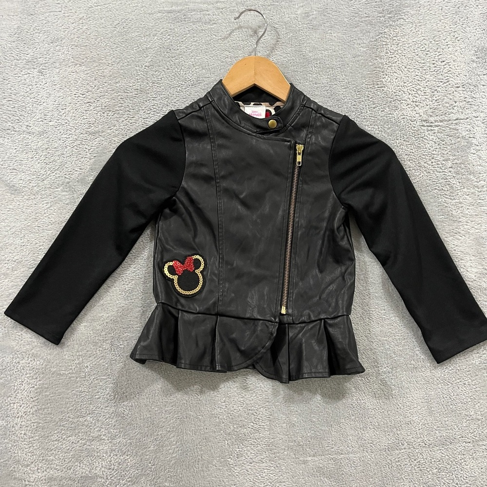 Disney Faux Leather Peplum Jacket Girls 5T Gray Minnie Mouse Asymmetrical Zip
